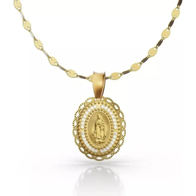 Medalla Virgen De Guadalupe Cadena 50cm De Oro 14k Italiano Color Dorado