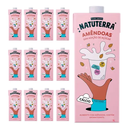 Kit 12 Bebida Vegetal Amêndoa Natuterra Zero Açúcar 1L – Vegano e Sem Lactose