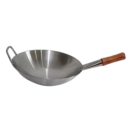 Sarten Wok Chino En Acero 32 Cms.  Con Asa Y Mango De Madera