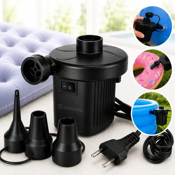 Bomba de Ar Portátil Elétrica Compressor Inflador Para Encher e Esvaziar Colchão Inflável Piscina Boias 3 Bicos Bivolt - Diggicom
