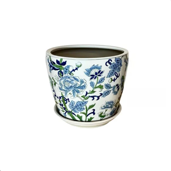Cachepot Vaso Porcelana Azul Branca E Verde Wild Botanic D15