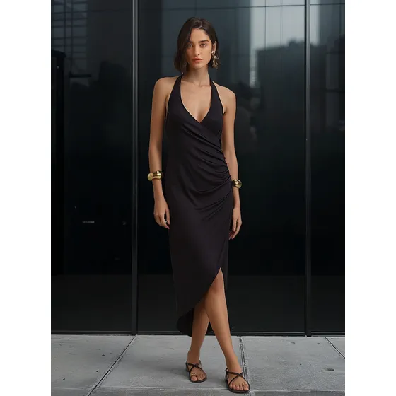 Vestido Morena Rosa Altura Do Joelho Decote V Com Drapeado P