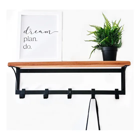 Perchero Pared Industrial Hierro Madera Repisa Estante Negro