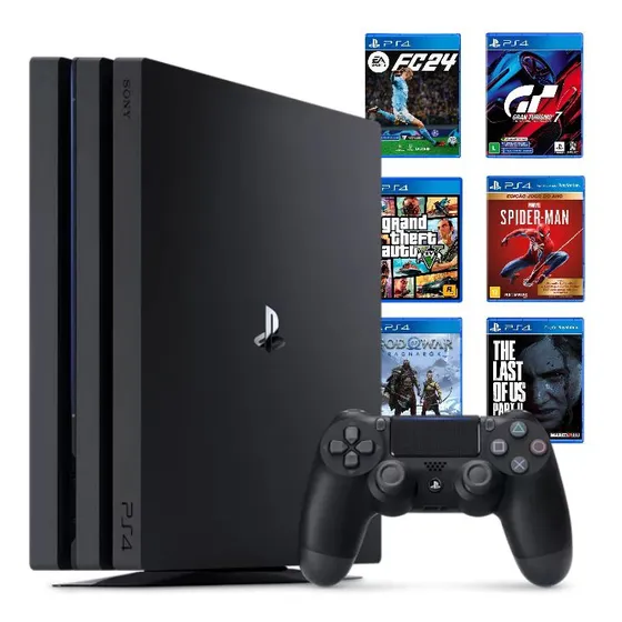 Playstation 4 Pro 1tb Ps4 Pro 1 Controle + 2 Jogos + 1 Quadro Decorativo Preto (Recondicionado)