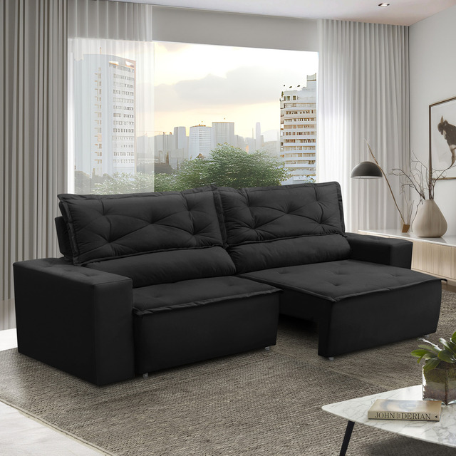 Sofá Retrátil E Reclinável Com Molas 1,80m Livia Suede Preto