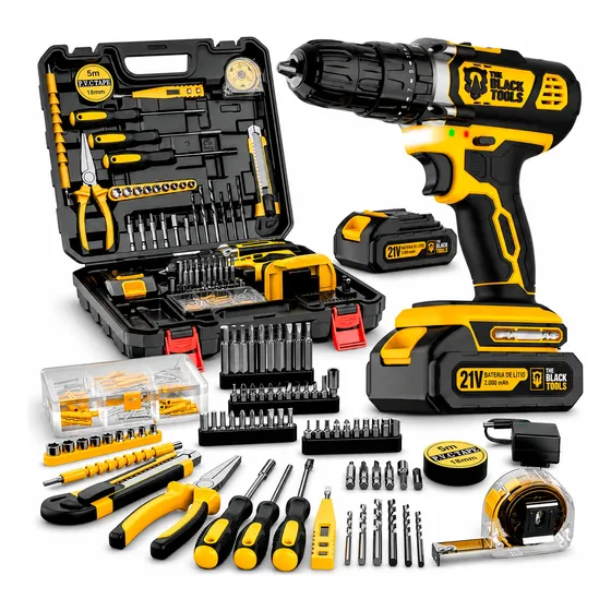 Parafusadeira Furadeira Bivolt À Bateria 21v + Kit 134 Peças