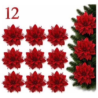 Kit 12 Flores De Natal Arvore Decoração Enfeites Brilhante Vermelho Flores