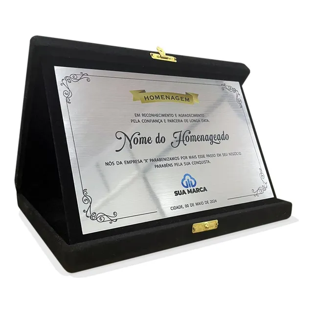 Placa Homenagem Caixa Veludo Camurça Personalizada 20x16cm