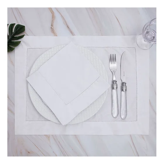 Kit Jogos Americanos + Guardanapos Ponto Ajour Algodão 12 Pç Cor Branco Lisa