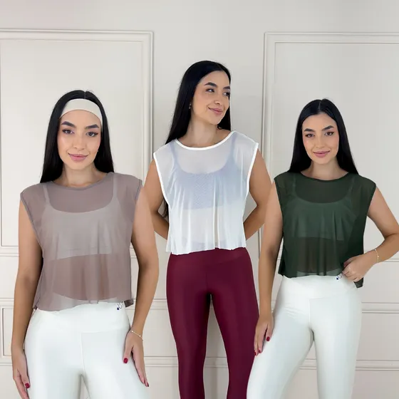 Blusa Cropped Fitness Transparente Tule Kit 3 Pçs