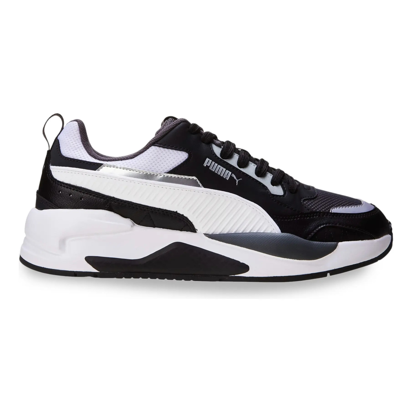 Tênis masculino Puma X-Ray 2 Square nas cores preto e branco com detalhes em cinza e prata