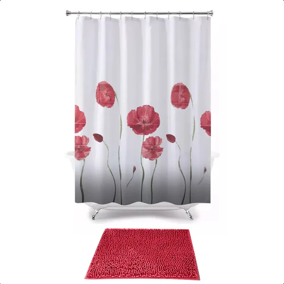 Set Cortina De Baño Con Alfombra Color Rojo