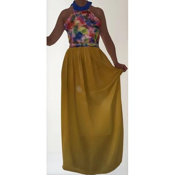 Vestido De Fiesta Largo, Gasa Mostaza, Nuevo!