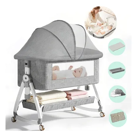 Berco Bebe Portatil Retratil Acoplado Moise Balanço Infantil Bebê Berço Cinza