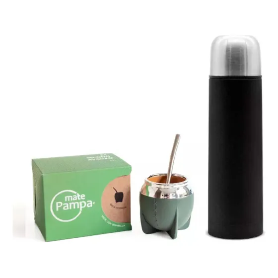 Set Matero Termo Bala Negro 1l Mate Pampa Verde Bombilla