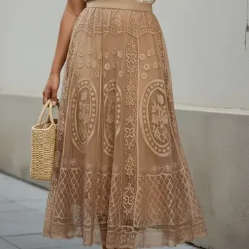 Saia Midi De Renda Forrada Delicada Modesta Moda Evangélica Marrom Único