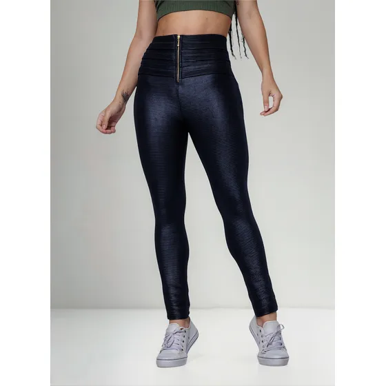 Calça Modeladora Ziper Na Frente Cirre Nervura Cintura Alta