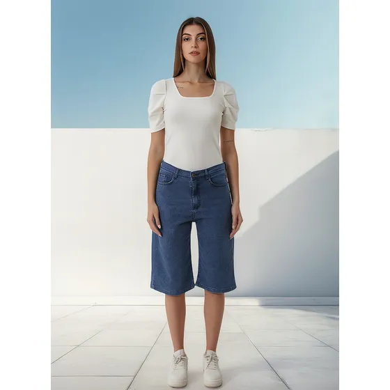 Jean Bermuda Short Azul Tiro Alto Talle Grande 38 Al 66