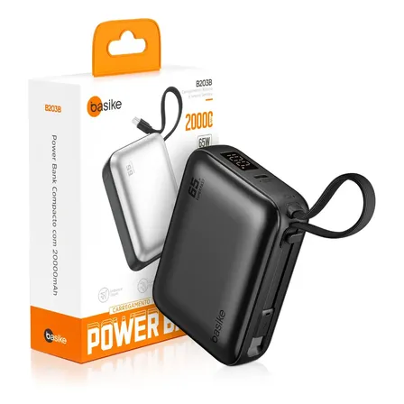 Power Bank Basike 20000mAh Com Carregamento Rápido de 65W e Cabo USB-C Para Notebooks