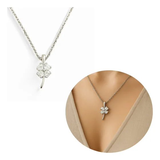 Colar Trevo Cordão Feminino Zircônia 4 Folhas Inox