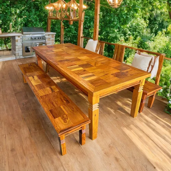 Conjunto Mesa De Jantar 2,5x1 Em Madeira Maciça Com 2 Bancos