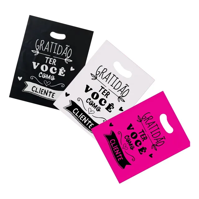 100 Sacolas Plásticas 30x40 Com Frases Gratidão Para Lojas