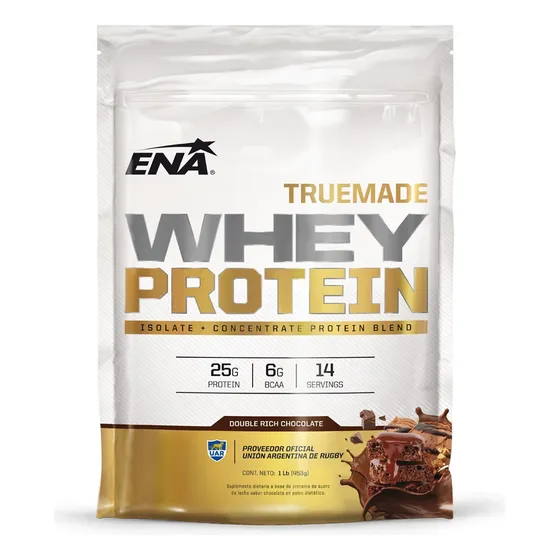 Suplemento en polvo ENA Sport True Made proteínas sabor double rich chocolate en sachet de 453g
