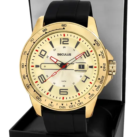 Relogios Seculus Saturn Correia Preto Bisel Dourado