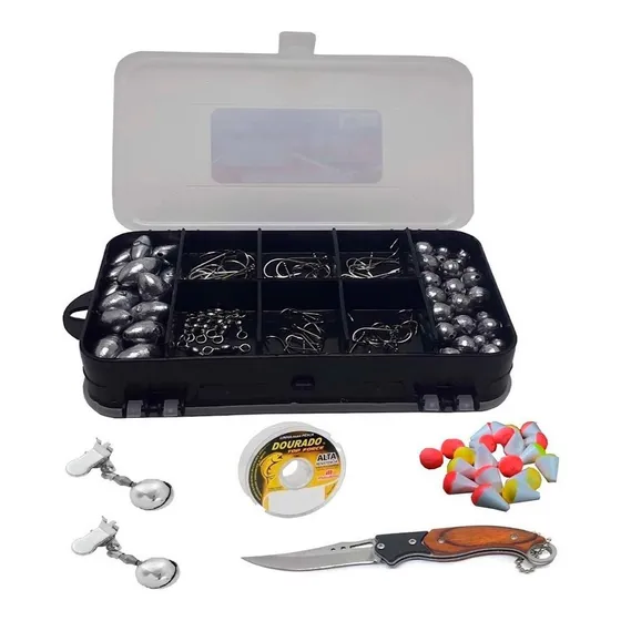 Kit Pesqueiro Chumbada Anzol Estojo Linha Boias E Canive
