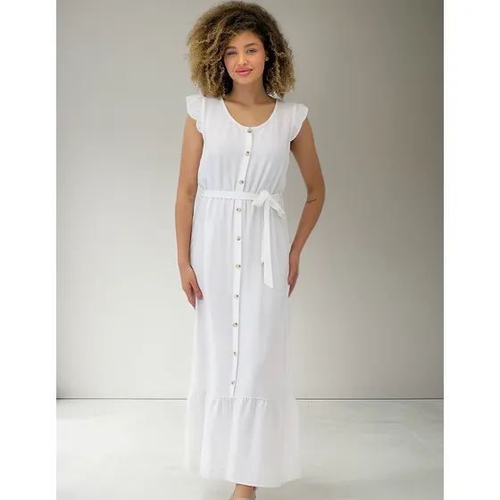 Vestido Midi Manga Curta Em Tecido Com Cinto Feminino 2024