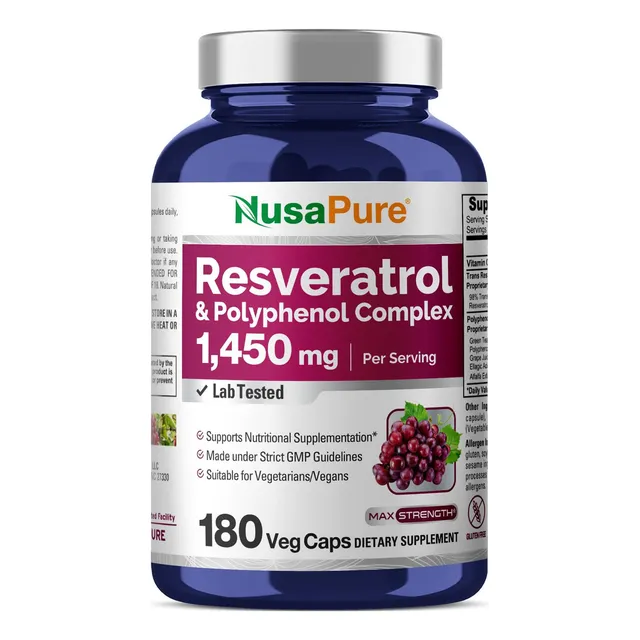 Suplemento de resveratrol E y polifenol Nusapure, 1450 mg, 180 cápsulas