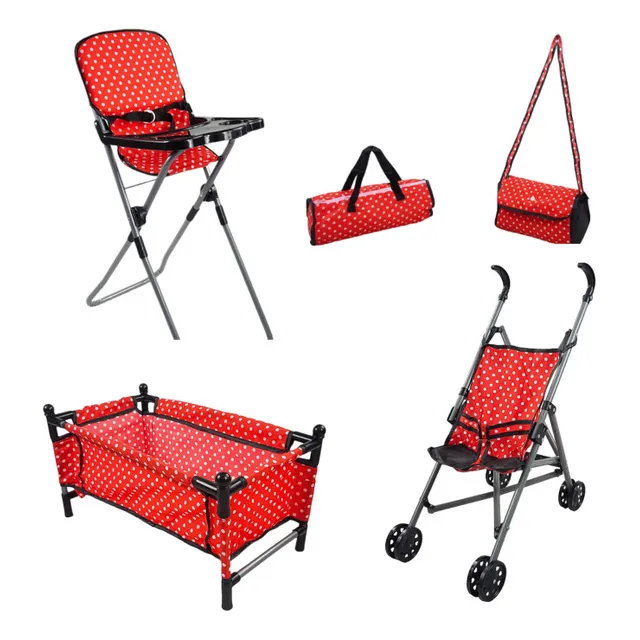 Juego De Muñecas Con Accesorios Cuna Carriola Periquera Niña Color Rojo