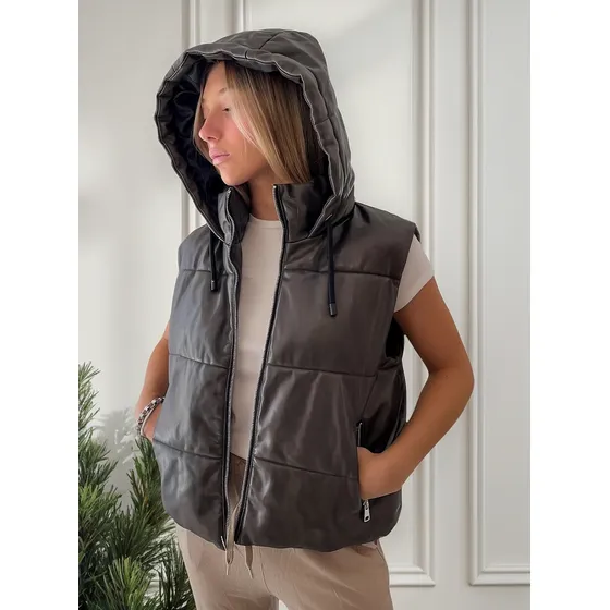 Chaleco Puffer Ecocuero Mujer Capucha Abrigado Capucha