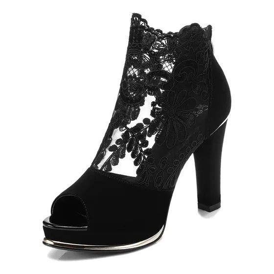Elegantes Sandalias De Tacón Alto De Encaje Con Boca De Pez
