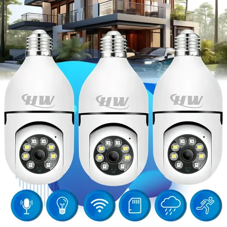 Kit com 3 Câmeras Lâmpada Wi-Fi HW Full HD para Vigilância Noturna e Detecção de Movimento
