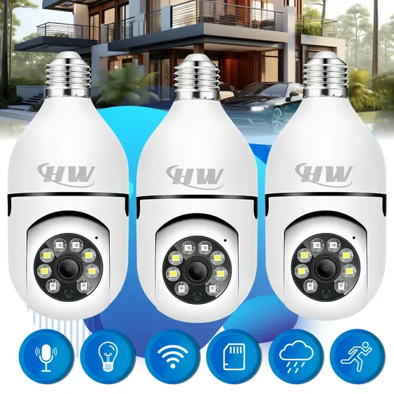 Kit com 3 Câmeras Lâmpada Wi-Fi HW Full HD para Vigilância Noturna e Detecção de Movimento
