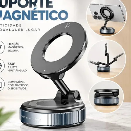 Suporte Magnético Para Celular Com Ventosa De Vácuo Ajustável 360° Universal Para Carro Painel Vidro Mesa E Superfícies Com Fixação Forte Para Smartphone E Uso Veicular E Ajuste Prático - Swave
