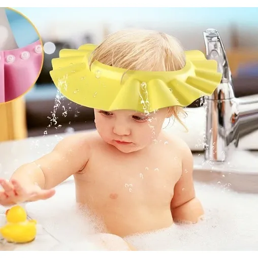 Chapéu De Banho Protetor Viseira Lava Cabeça Bebês Crianças Cor Amarelo