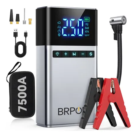 Arrancador De Batería Auto Portátil Brpom, Inflador Rápido Compresor De Aire Inteligente 150psiarrancador Portátil Con 26800mah Power Bank, Pantalla Digital Y Linterna Led Para Moto,coche