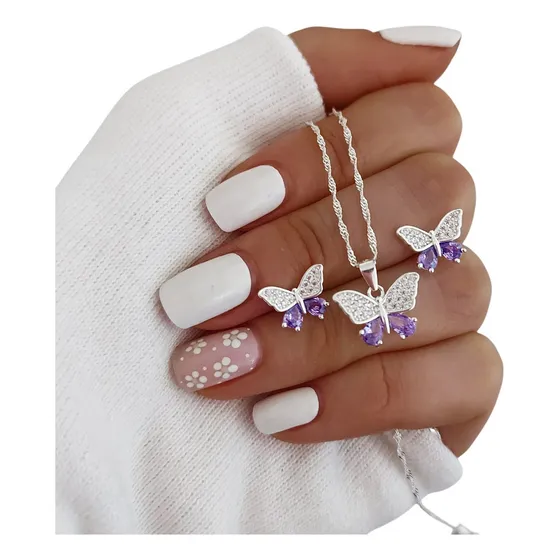 Conjunto Mariposa Dije Cadena Aros Plata 925 Set Mariposita
