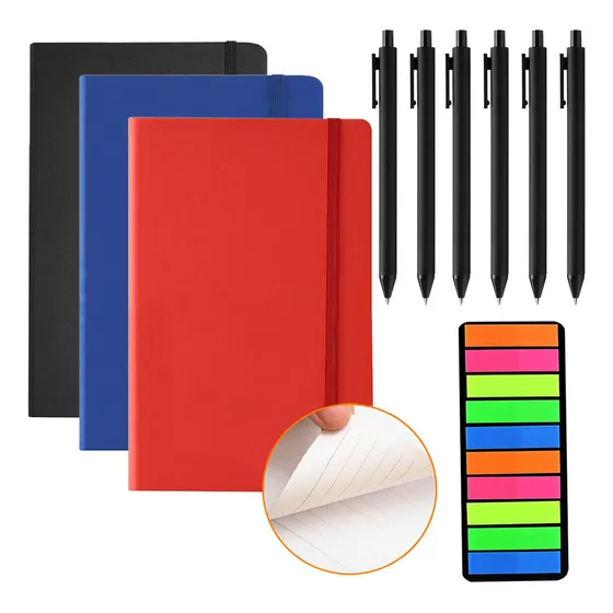Juego de 3 libretas multicolor A5, 200 páginas, 14,5 x 21 cm, con funda de cuero. Incluye 6 bolígrafos y notas adhesivas. Ideal para oficina, viajes y estudio.