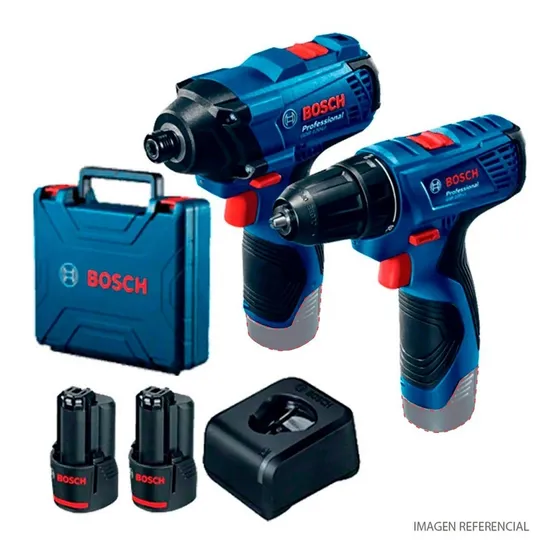 Taladro percutor atornillador inalámbrico de 10mm Bosch GSB 120-LI + GDR 120-LI 12V + 2 baterías de 2Ah + accesorio con maletín de transporte 220V