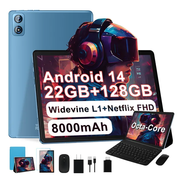 2025 Dghrti Tablet Android 14 10.1'' 22gb Ram Y 128gb Rom/tf 1tb Economicas 2.4g 5g Wifi 8000mah Octa-core 2.0 Ghz Widevine L1 Fhd Bt5.0 Certificación Google Widevine L1 Mouse Teclado Azul