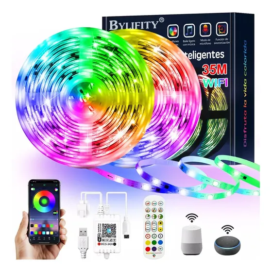 Bylifity® Tiras De Luces Led Wifi 35m Para Alexa Y Google Hometiras De Led Rgbw Con Control De App + Control Remoto,temporización Y Modo De Música Inteligente,para Cuarto, Bar, Decoración D