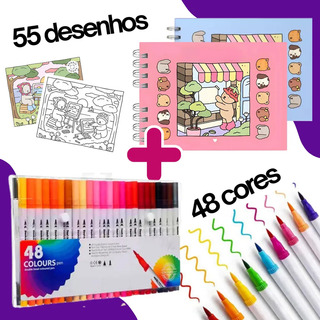 Kit De 2 Livros Para Colorir E 48 Canetas De Ponta Dupla Kit De 2 Livros Para Colorir E 48 Canetas De Ponta Dupla