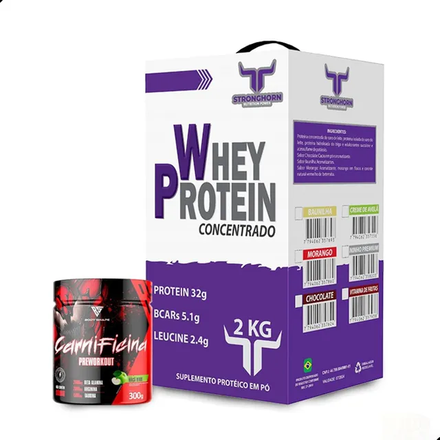Kit Whey Stronghorn 2kg Pré Treino Carnificina Body Shape