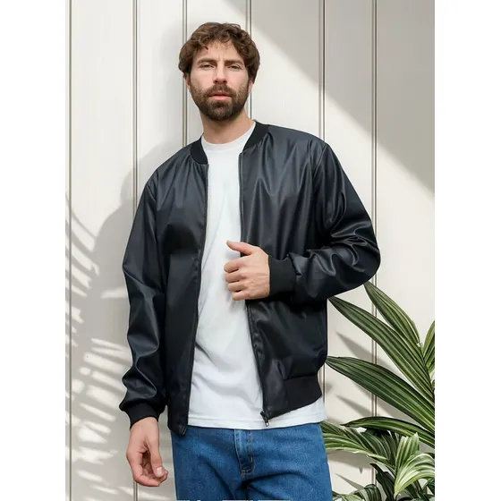 Campera Bomber Cuero Lisa Cara Cruz Jeans Negra Básica
