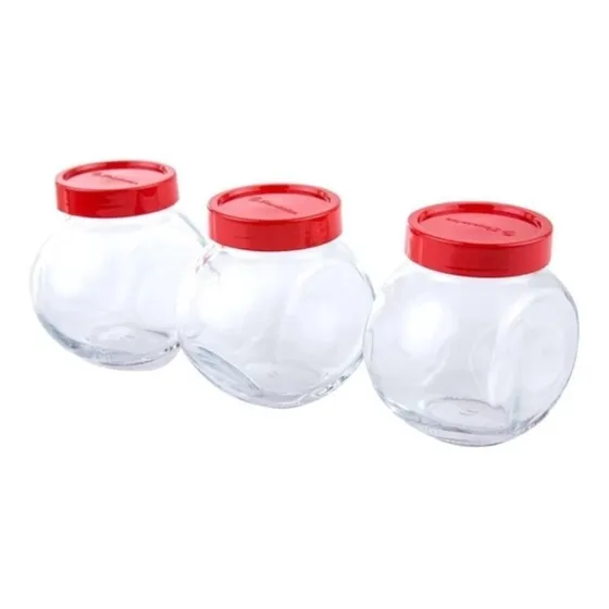 Set De 3 Envases De Vidrio Tapa Roja