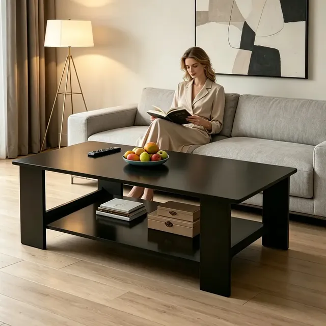Mesa De Centro Sala Minimalista Moderna 2 Niveles Para Sala Negro