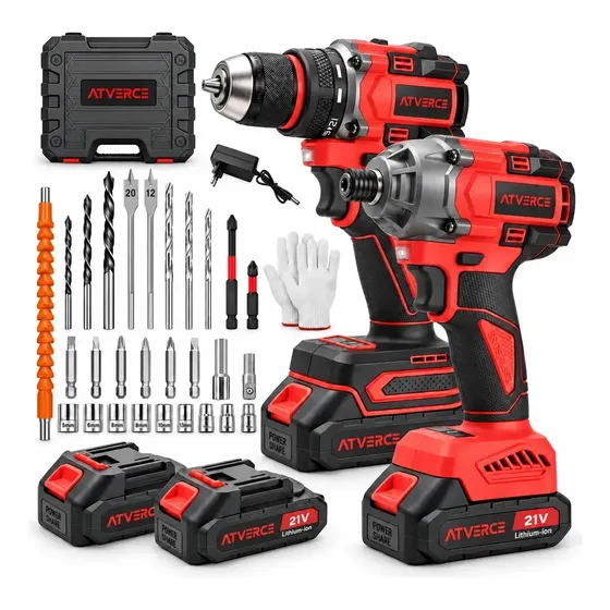 Kit Atverce 21V com Furadeira e Parafusadeira de Impacto Brushless, 2 Baterias e Maleta